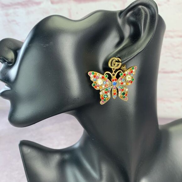 Gucci Jewelry - Gucci Multi Color Crystal Goldtone Butterfly Gg Earrings